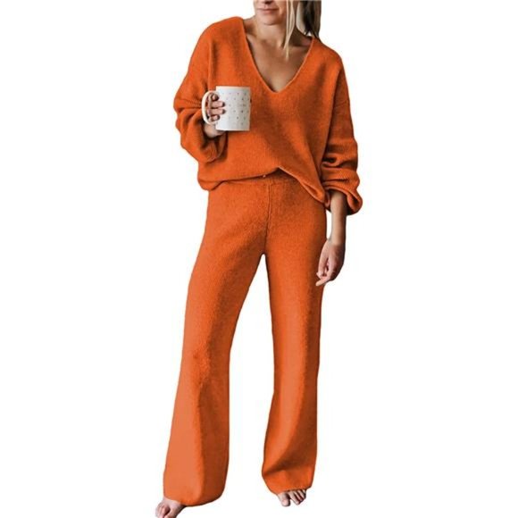 Pants - Women Ribbed Tracksuit 2 Piece Casual Deep V Neck Set